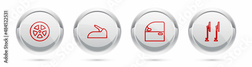 Set line Car wheel, handbrake, door and Windscreen wiper. Silver circle button. Vector