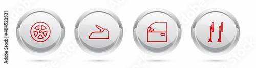 Set line Car wheel  handbrake  door and Windscreen wiper. Silver circle button. Vector