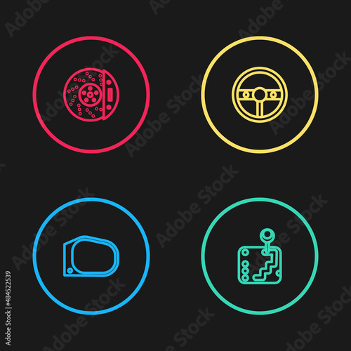 Set line Car mirror, Gear shifter, Steering wheel and brake disk with caliper icon. Vector