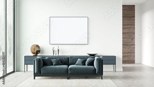 Mock up poster frame in modern interior background, living room, Scandinavian style, 3D rendering © Roman King