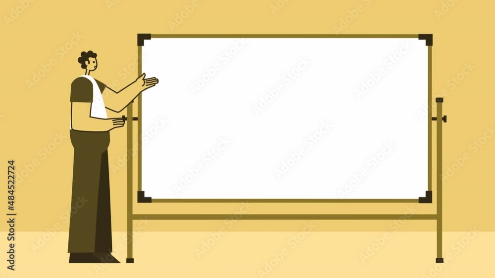 Yellow Style Man Flat Character Speaker Near White Board. Isolated Loop Animation with Alpha Channel Yellow Style Man Flat Character Speaker Near White Board. Isolated Loop Animation with Alpha Channel