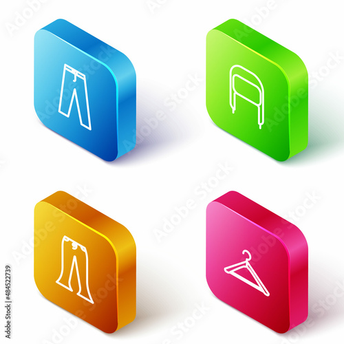 Set Isometric line Pants, Winter hat with ear flaps, and Hanger wardrobe icon. Vector