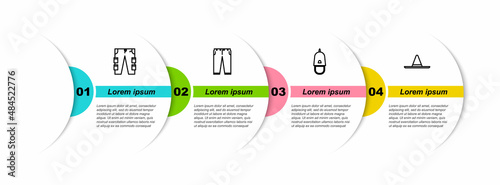 Set line Cargo pants, Pants, Police cap with cockade and Gardener worker hat. Business infographic template. Vector