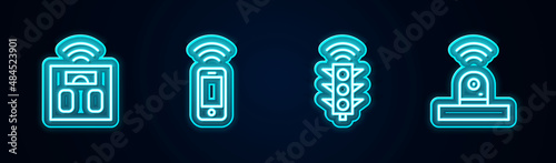 Set line Smart bathroom scales, Wireless smartphone, traffic light and security camera. Glowing neon icon. Vector