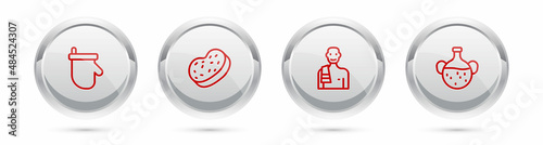 Set line Sauna mittens, Bath sponge, Man in the sauna and Essential oil bottle. Silver circle button. Vector