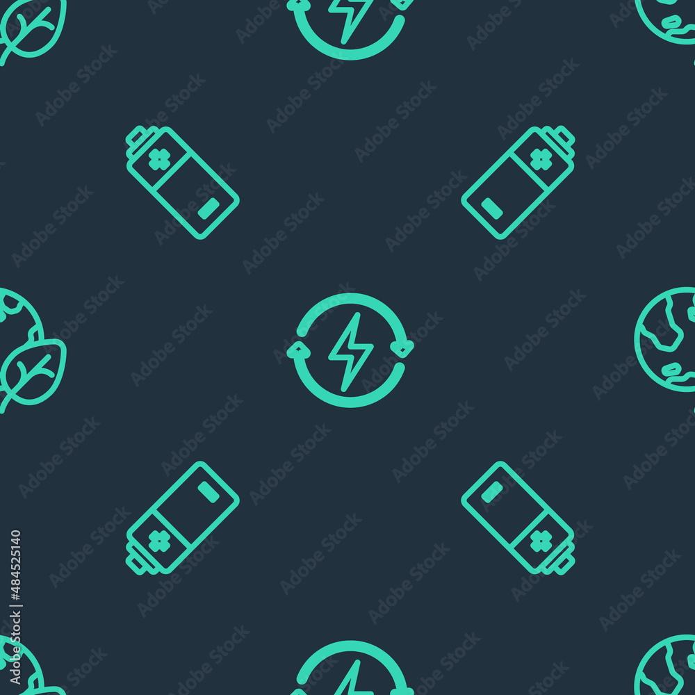 Set line Recharging, Battery and Earth globe and leaf on seamless pattern. Vector Set line Recharging, Battery and Earth globe and leaf on seamless pattern. Vector