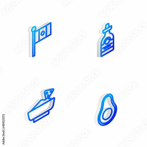 Set Isometric line Tequila bottle  Mexico flag  Nachos in bowl and Avocado fruit icon. Vector