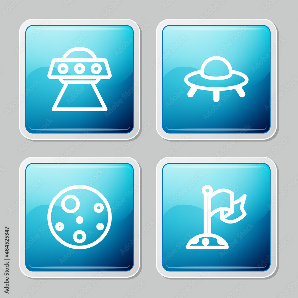 Set line UFO flying spaceship, , Planet Mars and Moon with flag icon. Vector Set line UFO flying spaceship, , Planet Mars and Moon with flag icon. Vector