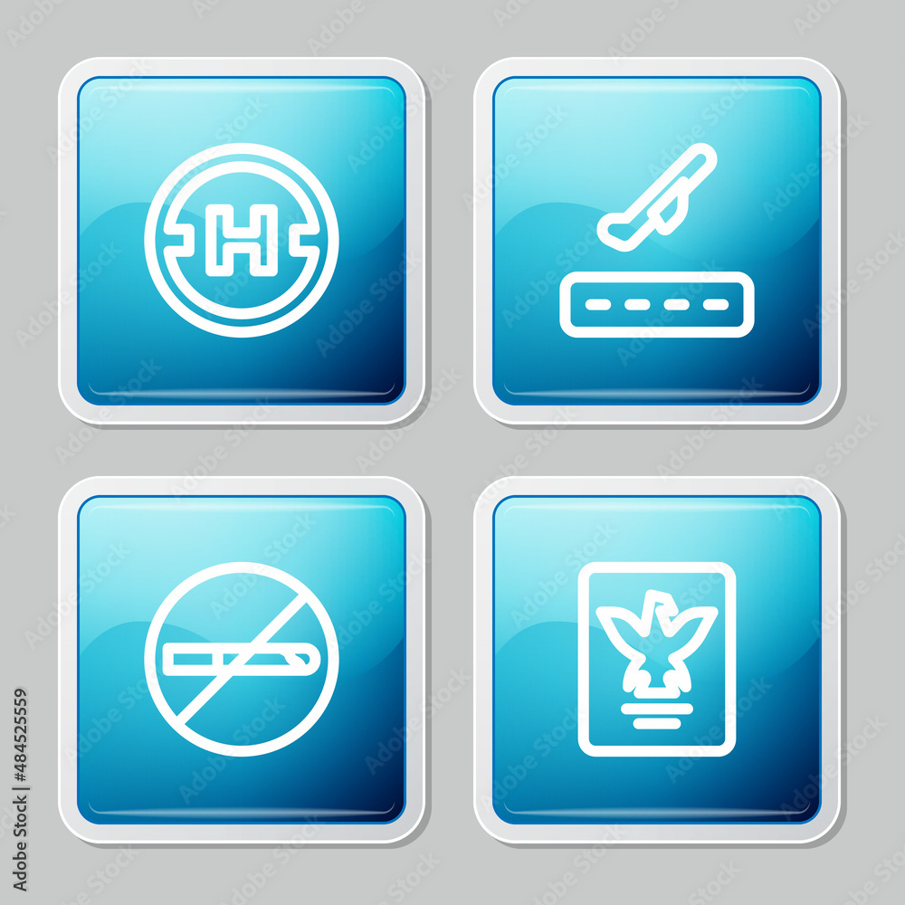 Set line Helicopter landing pad, Plane takeoff, No Smoking and Passport icon. Vector Set line Helicopter landing pad, Plane takeoff, No Smoking and Passport icon. Vector