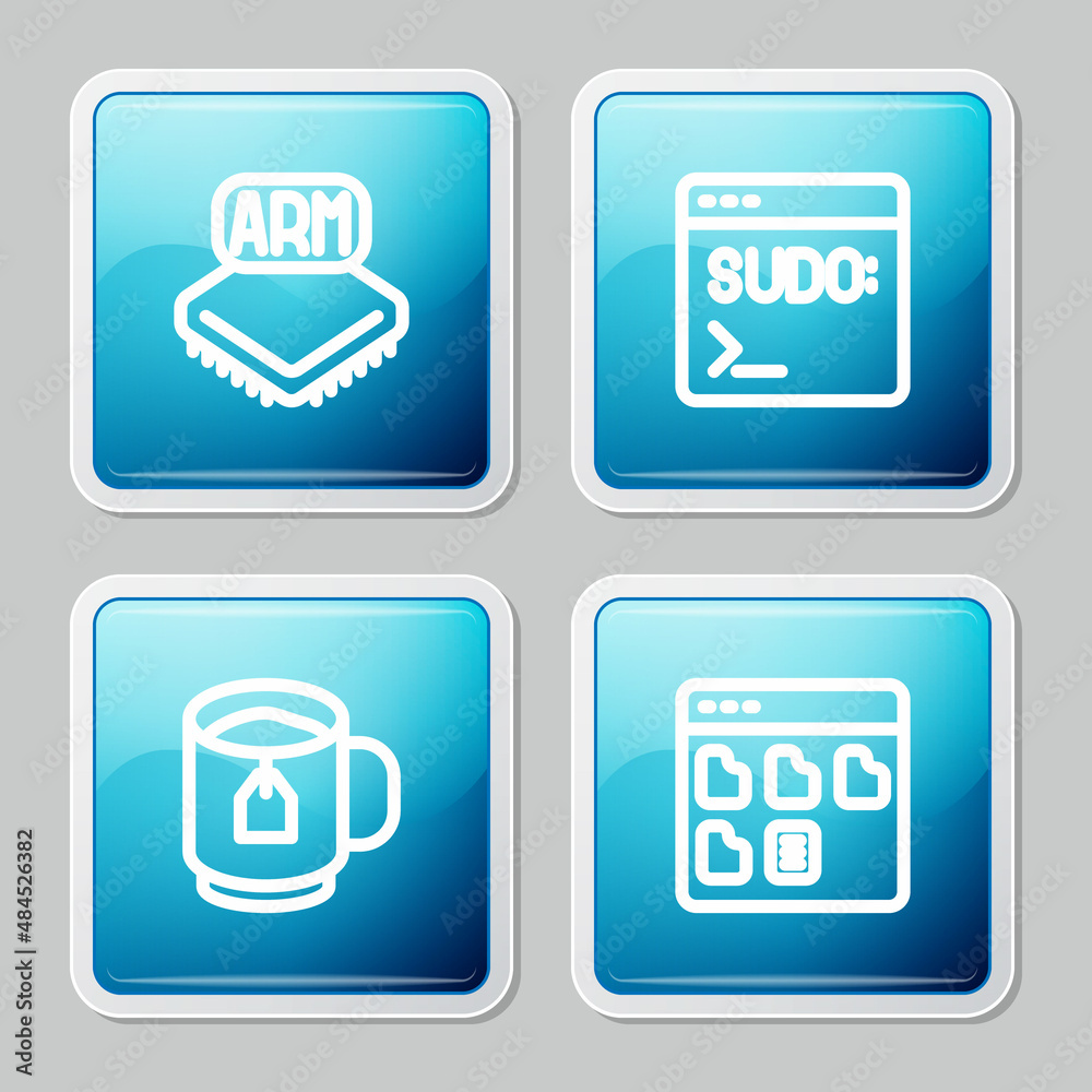 Set line Processor, Code terminal, Cup of tea with tea bag and Browser files icon. Vector Set line Processor, Code terminal, Cup of tea with tea bag and Browser files icon. Vector