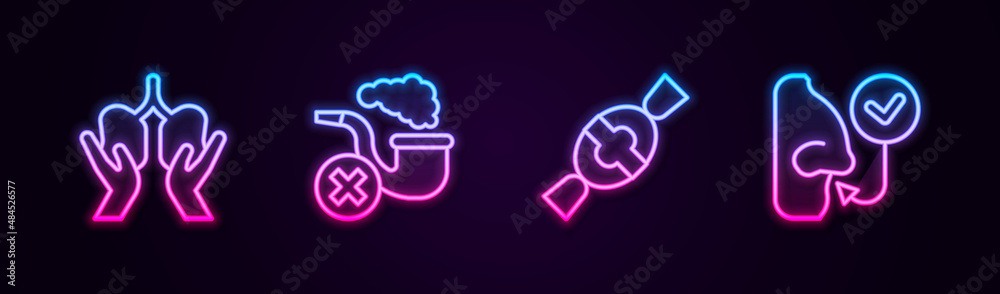 Set line Lungs, Smoking pipe with smoke, Candy and Healthy breathing. Glowing neon icon. Vector Set line Lungs, Smoking pipe with smoke, Candy and Healthy breathing. Glowing neon icon. Vector