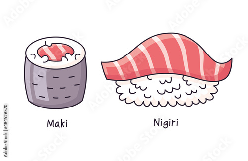 Maki roll and sushi nigiri isolated cartoon vector set