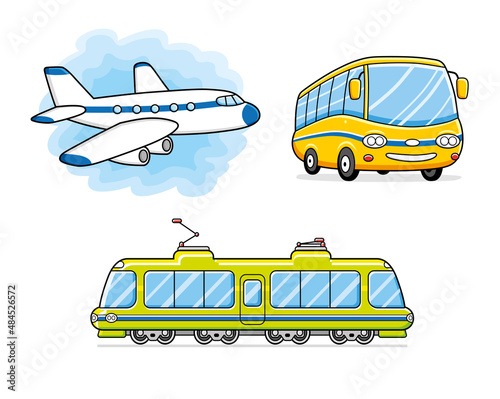 Bus, jet airplane and train isolated cartoon vector icons, passenger transport set. 