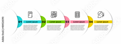 Set line No smoking area, Disease lungs, Nicotine gum blister pack and Man cigarette. Business infographic template. Vector