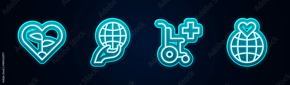 Set line Leaf in heart, Hand holding Earth globe, Wheelchair for disabled person and . Glowing neon icon. Vector Set line Leaf in heart, Hand holding Earth globe, Wheelchair for disabled person and . Glowing neon icon. Vector