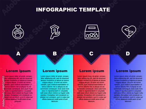 Set line Heart with animals footprint, Shelter for homeless, Donation and charity and Leaf heart. Business infographic template. Vector