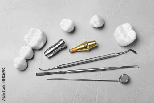 Post, abutment and different crowns of dental implant near medical tools on grey table, flat lay © New Africa