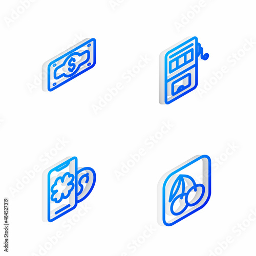 Set Isometric line Slot machine, Stacks paper money cash, Online poker table game and with cherry icon. Vector