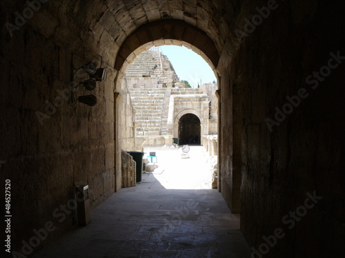 Jerash, Jordan, August 8, 2010: Entrance arch to the lower part of the theater in the Roman city of Jerash, Jordan