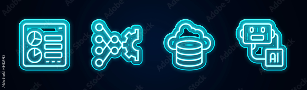 Set line Computer api interface, Neural network, Cloud database and Artificial intelligence robot. Glowing neon icon. Vector Set line Computer api interface, Neural network, Cloud database and Artificial intelligence robot. Glowing neon icon. Vector