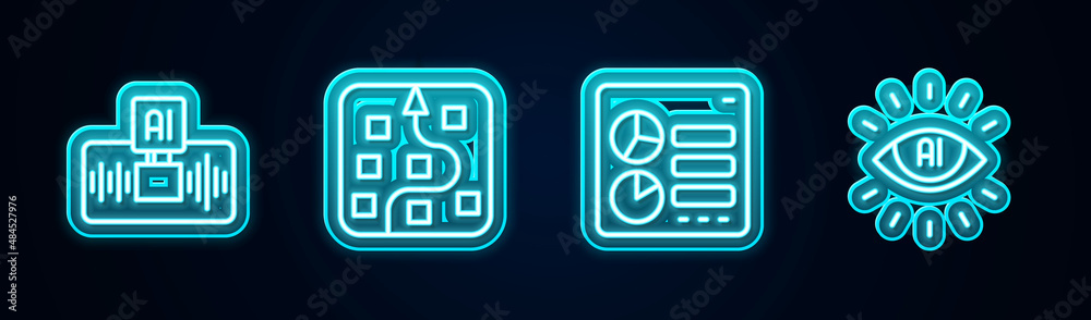 Set line Artificial intelligence AI, Neural network, Computer api interface and . Glowing neon icon. Vector Set line Artificial intelligence AI, Neural network, Computer api interface and . Glowing neon icon. Vector
