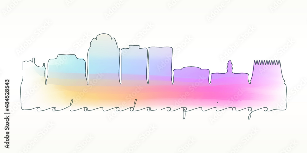 Colorado Springs, CO, USA Skyline Watercolor City Illustration. Famous Buildings Silhouette Hand Drawn Doodle Art. Vector Landmark Sketch Drawing.