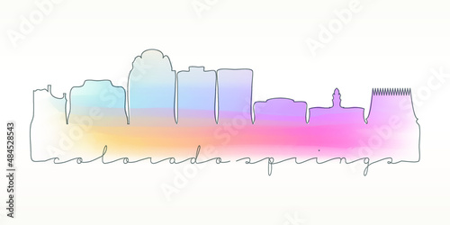 Colorado Springs  CO  USA Skyline Watercolor City Illustration. Famous Buildings Silhouette Hand Drawn Doodle Art. Vector Landmark Sketch Drawing.