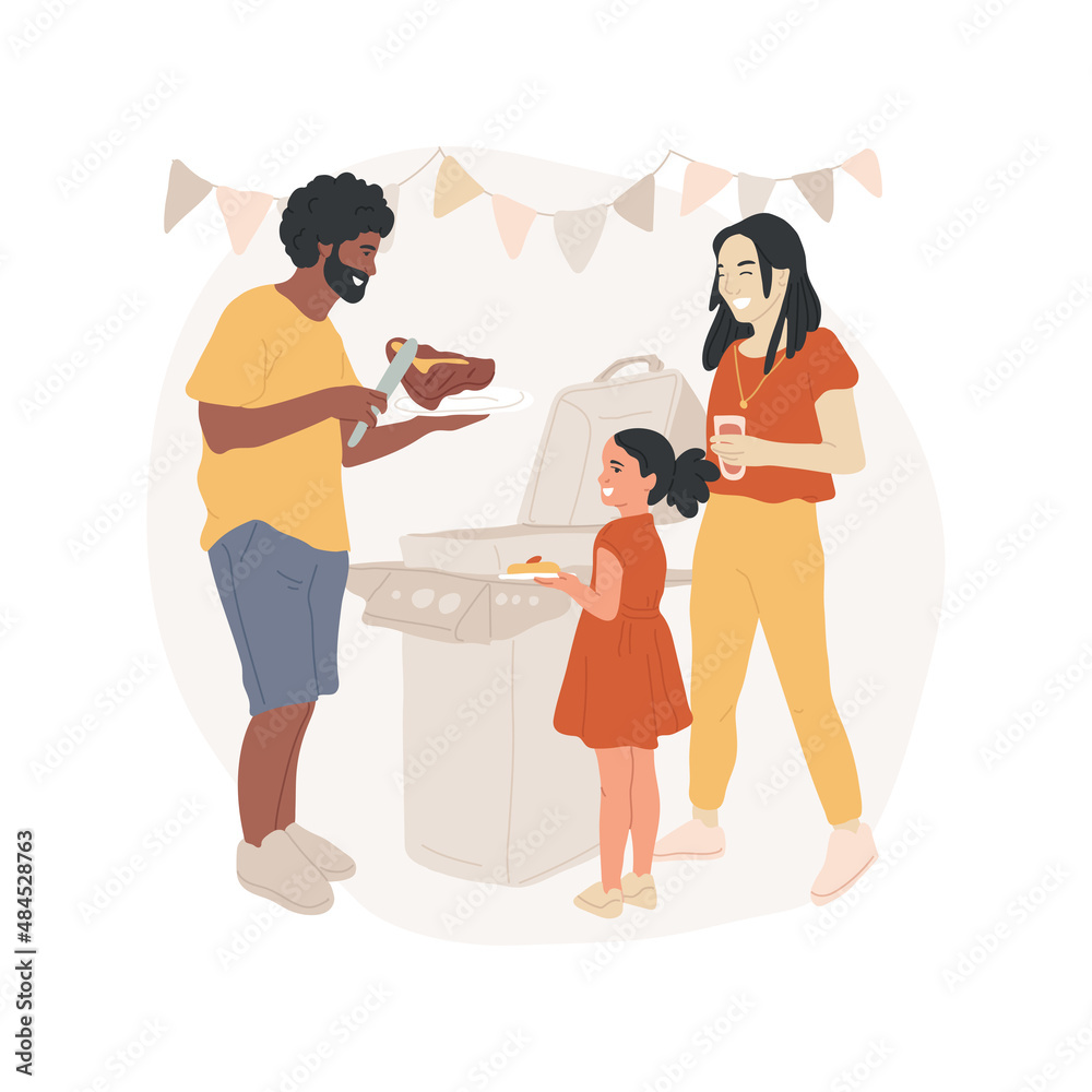 Steak abstract concept vector illustration. Family leisure time, grilling t-bone stake, backyard barbecue, family BBQ Sunday lunch, father cooking meet on grill, children play abstract metaphor.