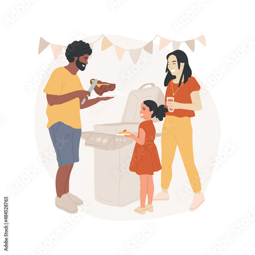 Steak abstract concept vector illustration. Family leisure time, grilling t-bone stake, backyard barbecue, family BBQ Sunday lunch, father cooking meet on grill, children play abstract metaphor.