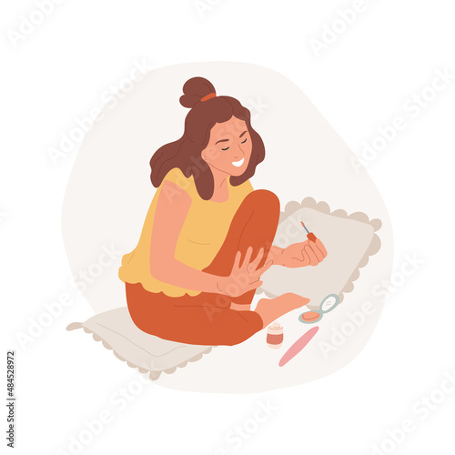 Nail art abstract concept vector illustration. Smiling teenage girl applying nail polish with pleasure, painting nails with protective gel, doing french manicure at home abstract metaphor.