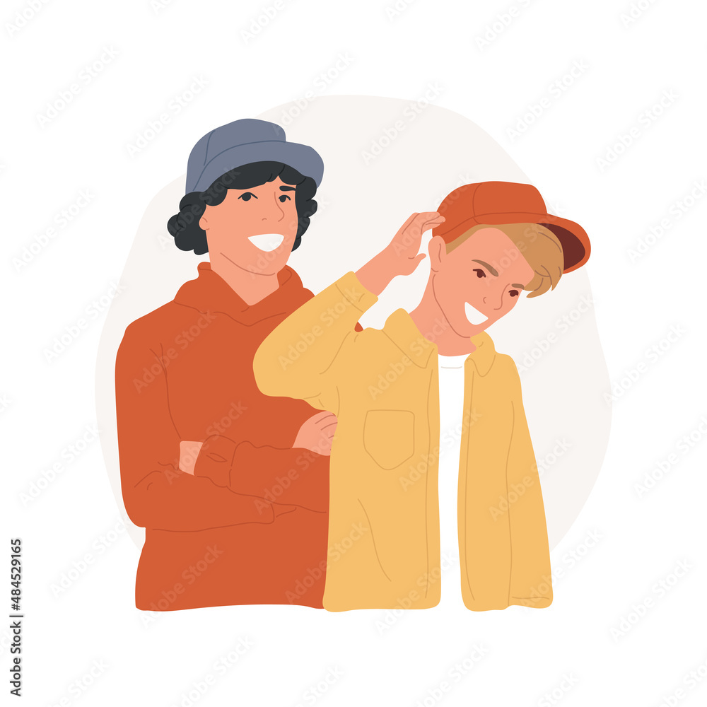 Baseball cap abstract concept vector illustration. Smiling teenage boys wearing fashion cap and laughing outdoor, teens trying on stylish baseball hats, teenage lifestyle abstract metaphor.