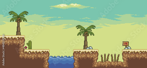 Pixel art desert game scene with  palm tree, oasis, trap, cactuses, 8bit background