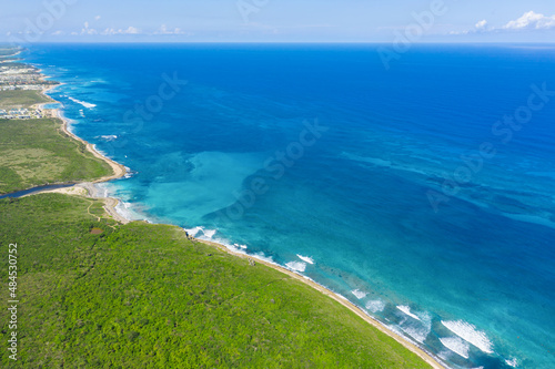 Wild tropical coastline with coconut palm trees and turquoise caribbean sea. Aerial view from drone. Beautiful travel destination. Aerial view