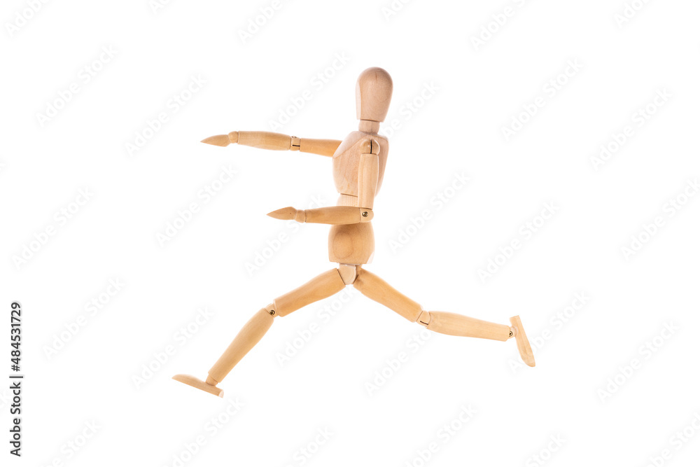 wooden man running arms outstretched isolated on white background wooden man running arms outstretched isolated on white background