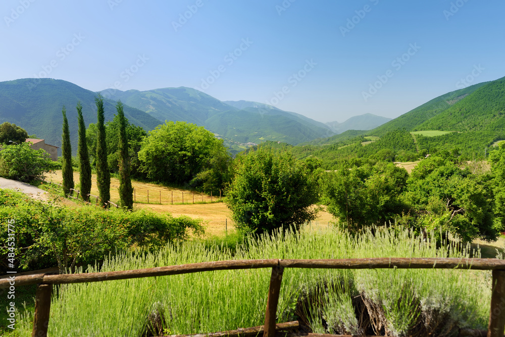 Sibylline Mountains, one of the major mountain groups of italic peninsula, viewed from Meggiano village. Monti Sibillini National Park, Italy.