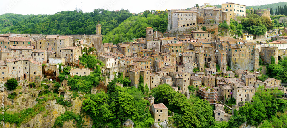 Rooftops of Sorano, an ancient medieval hill town hanging from a tuff stone over the Lente River.