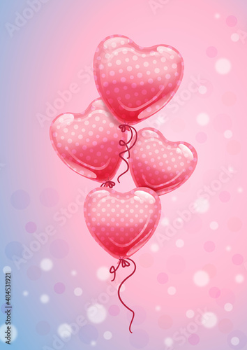 Romantyczne walentynkowe lub ślubne tło z balonikami w kształcie serca i z efektem bokeh. Ilustracja na banery, tapety, ulotki, vouchery upominkowe, kartki z życzeniami, plakaty.