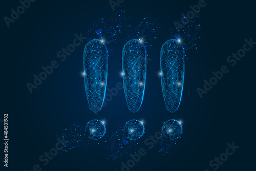 Abstract isolated blue image of a exclamation mark. Polygonal illustration looks like stars in the blask night sky in spase or flying glass shards. Digital design for website, web, internet.