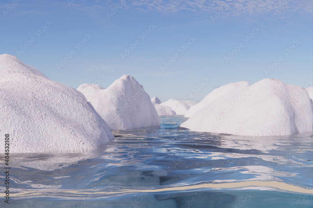 Snow cliff stone with water scene 3d rendering