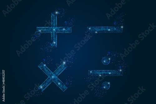 Abstract isolated blue image of a math signs. Polygonal illustration looks like stars in the blask night sky in spase or flying glass shards. Digital design for website, web, internet.