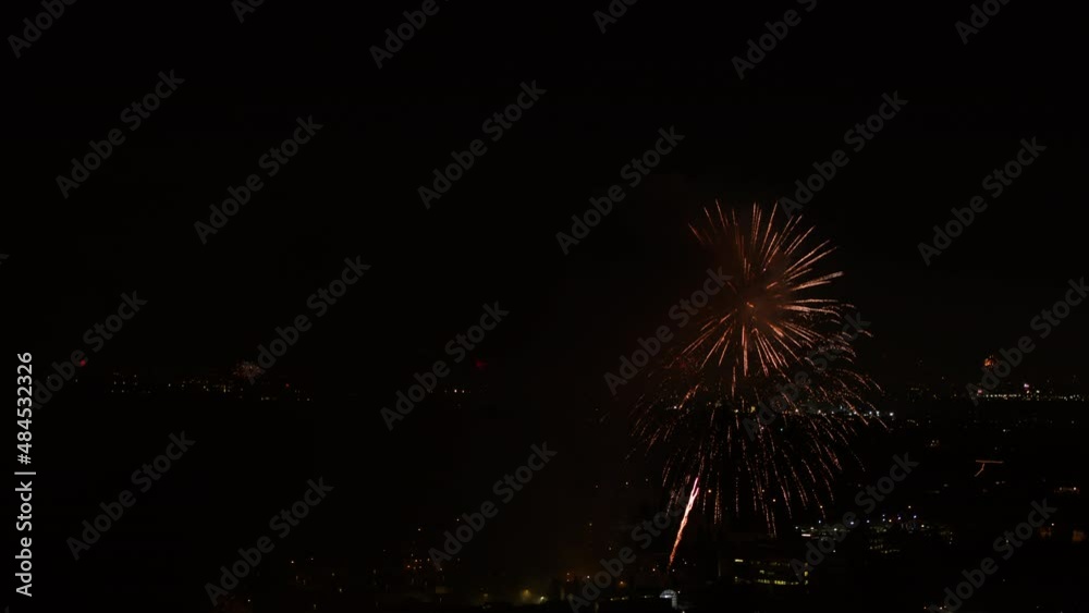 Aerial Beautiful Exploding Of Fireworks In City At Night - Los Angeles, California Aerial Beautiful Exploding Of Fireworks In City At Night - Los Angeles, California