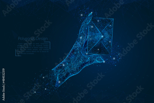 Abstract isolated image of human hand sending letter. Polygonal illustration looks like stars in the blask night sky in spase or flying glass shards. Digital design for website, web, internet.