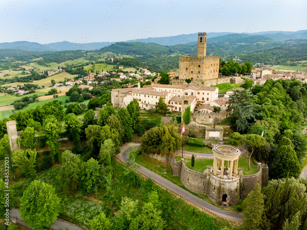 Aerial view of Bibbiena town, located in the province of Arezzo, Tuscany, the largest town in the valley of Casentino.