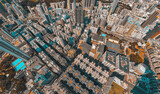 Panoramic aerial view of Hong Kong city in Orange and Teal  color tone