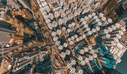 Photography Panoramic aerial view of Hong Kong city in Orange and Teal  color tone