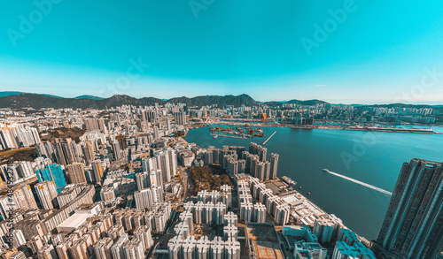 Photography Panoramic aerial view of Hong Kong city in Orange and Teal  color tone
