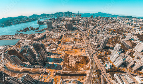 Photography Panoramic aerial view of Hong Kong city in Orange and Teal  color tone