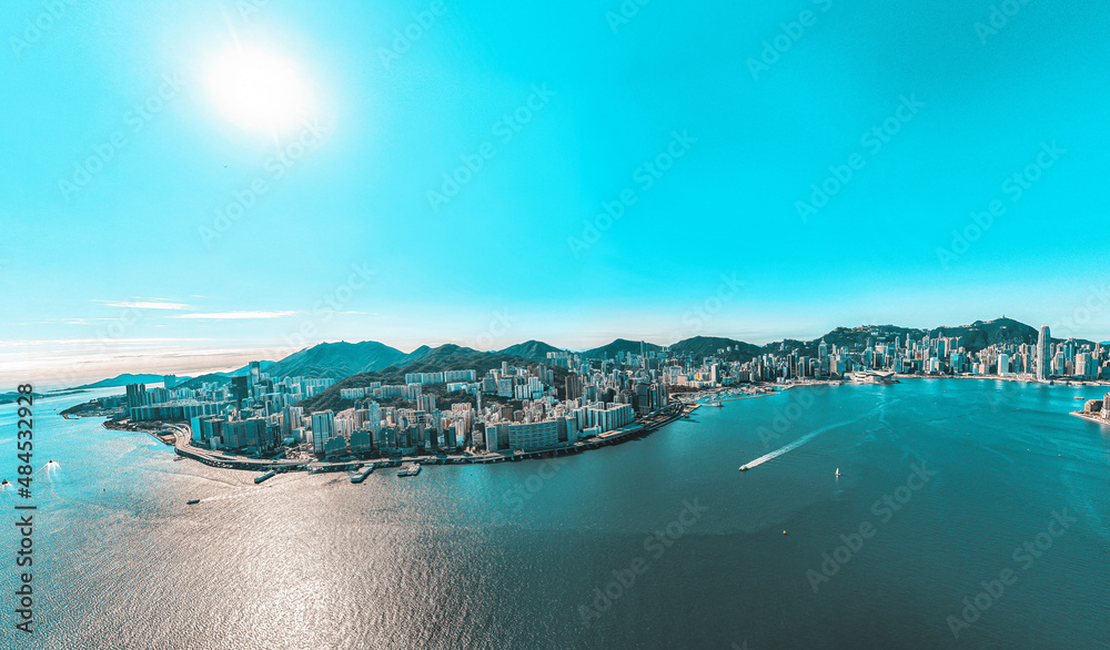 Naklejka premium Panoramic aerial view of Hong Kong city in Orange and Teal color tone