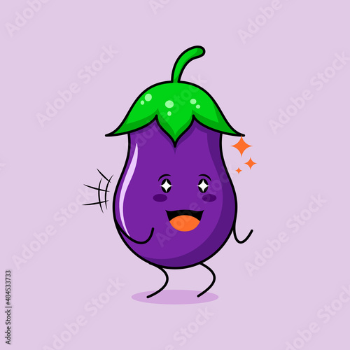 cute eggplant character with smile and happy expression  two hands clenched and sparkling eyes. green and purple. suitable for emoticon  logo  mascot and icon