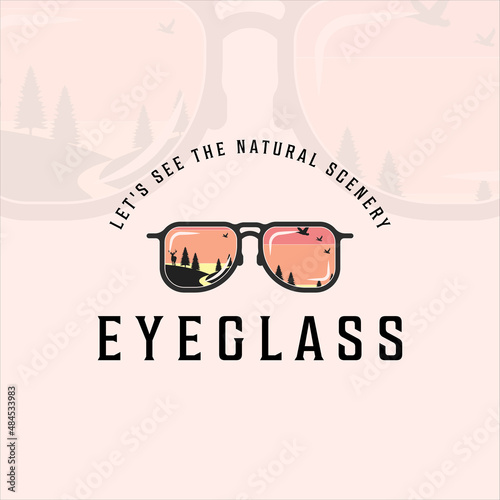 eyeglass outdoor adventure vintage vector logo illustration template icon graphic design. deer river sky pines inside eyeglasses sign or symbol for company